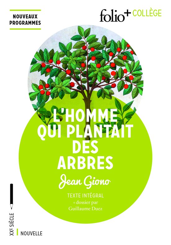 Boek "L'homme qui plantait des arbres" met op de kaft een illustratie van een boom met rode vruchten en groene bladeren.