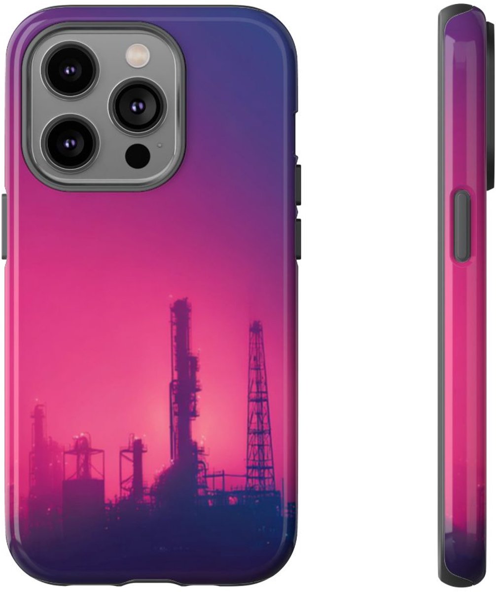 Industrieel Silhouet met Neon Gloed – Telefoonhoesje Geschikt voor iPhone 14 Pro