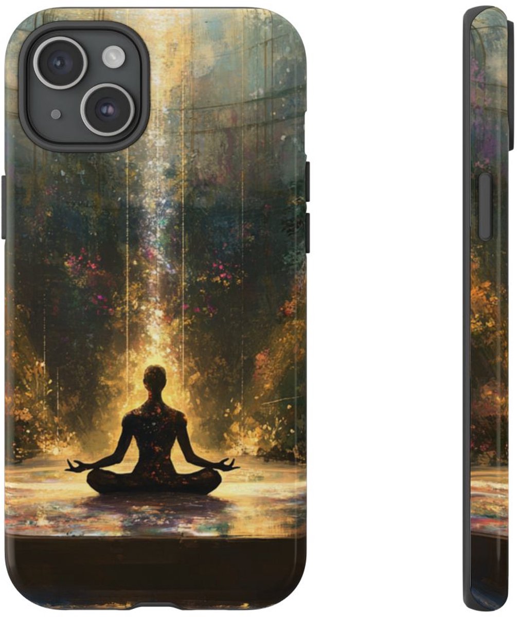 Mediterende Silhouet met Stralend Licht – Telefoonhoesje Geschikt voor iPhone 15 Plus