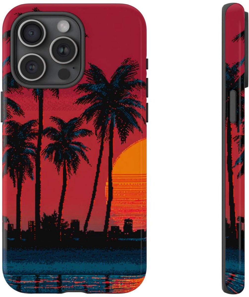 Zonsondergang met Palmbomen Silhouet – Telefoonhoesje Geschikt voor iPhone 15 Pro Max