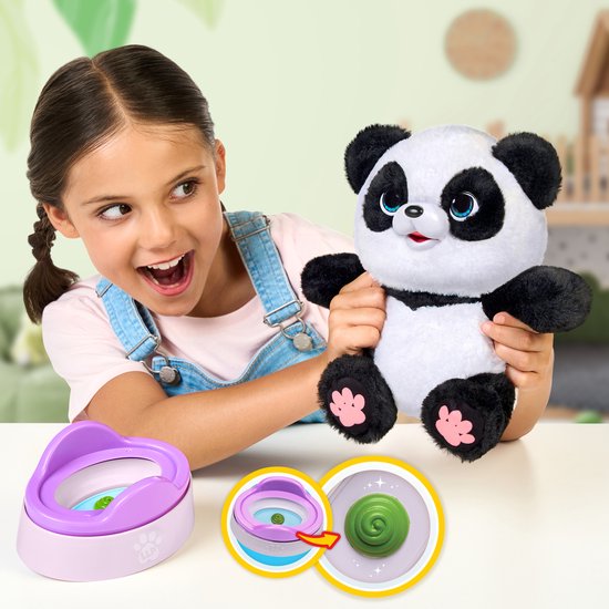 Meisje met panda knuffel en potje. Illustratie van groene drol die uit potje komt.