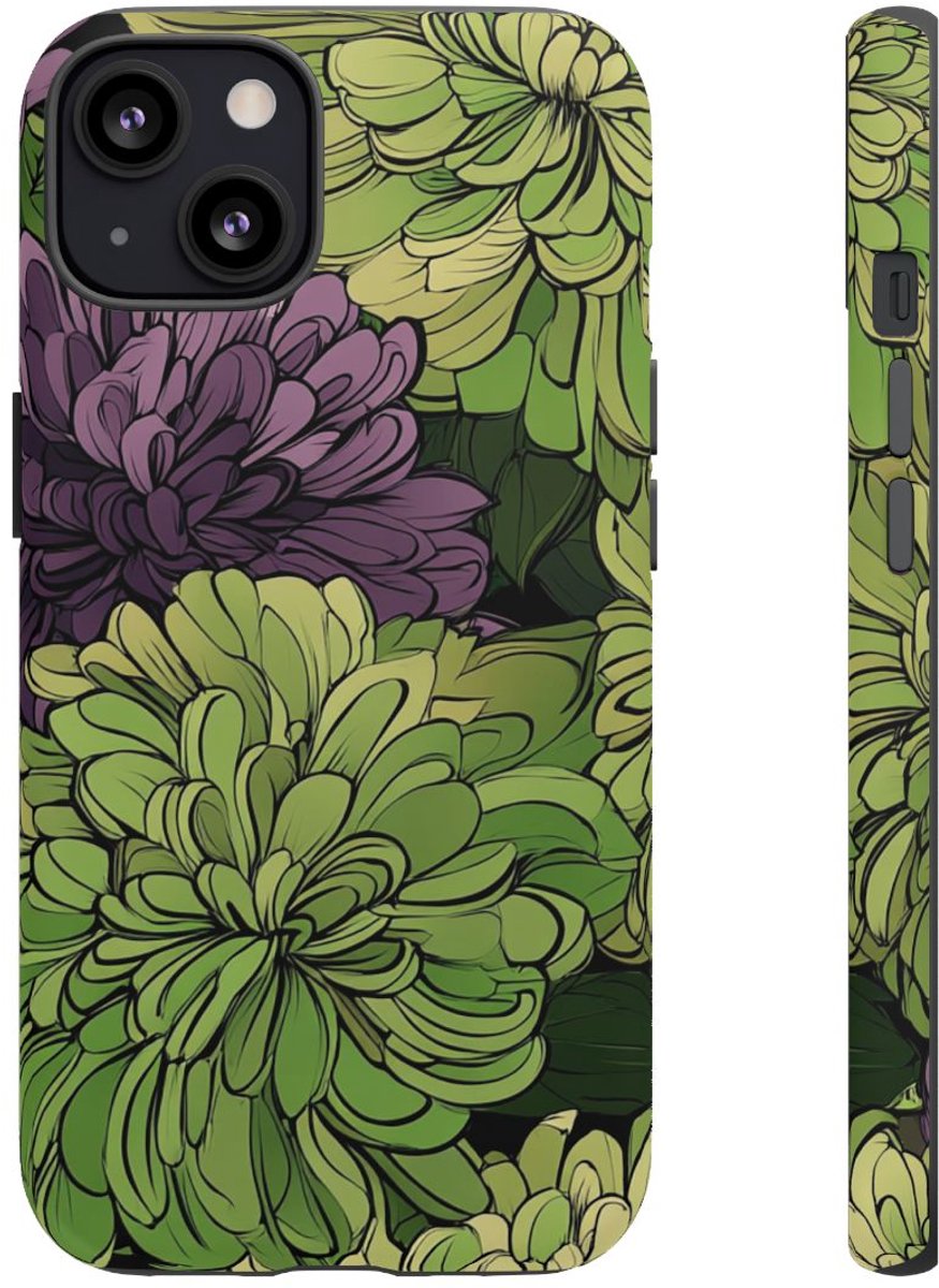 Groen-Paarse Chrysantenprint – Telefoonhoesje Geschikt voor iPhone 13