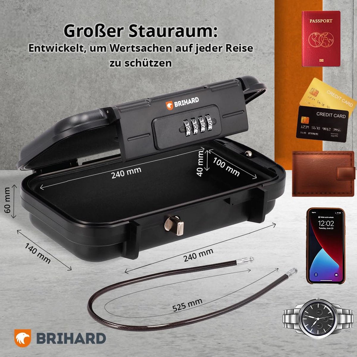 Brihard Travel Waterproof Case Waterdichte Mobiele Reiskluis met 4-Cijferig Combinatieslot Inclusief Staalkabel Zwarte Slagvaste Strandkluis voor Telefoon Geld en Paspoort Compacte Veiligheidsbox voor Vakantie Sport en Hotel