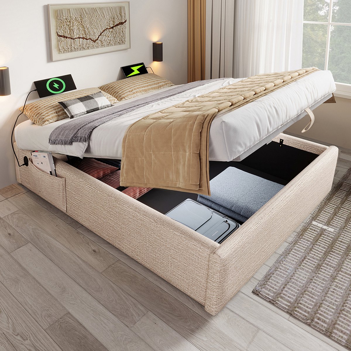 Pugsdrly Gestoffeerd bed tweepersoonsbed 140×200 cm, Struraumbett bedframe met USB-C en lattenbodem over de hele oppervlakte, zonder hoofdeinde, linnen, naturel