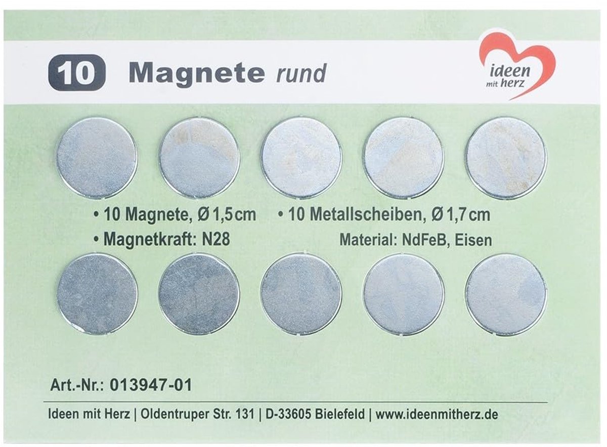 Ideeën met Hart | Mini Ronde Magneten | 10 stuks | Kleine, platte magneten voor knutselwerkjes | Ø 1,5 cm | 10 metalen schijfjes Ø 1,7 cm