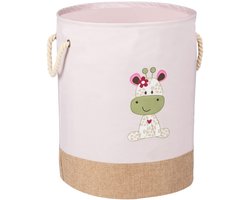 WENKO Wasmand Kids Greta Pink, ronde waszak voor kinderen in modern lichtroze met schattige giraffenprint, twee katoenen handvatten, 63 liter opbergruimte in één vak, Ø40x50cm, 69783800