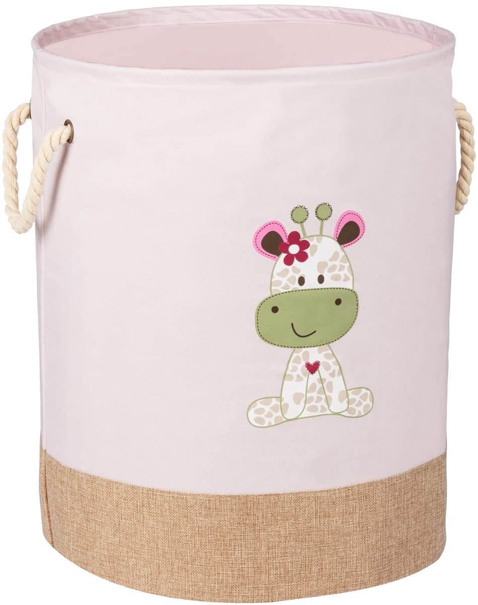 WENKO Wasmand Kids Greta Pink, ronde waszak voor kinderen in modern lichtroze met schattige giraffenprint, twee katoenen handvatten, 63 liter opbergruimte in één vak, Ø40x50cm, 69783800