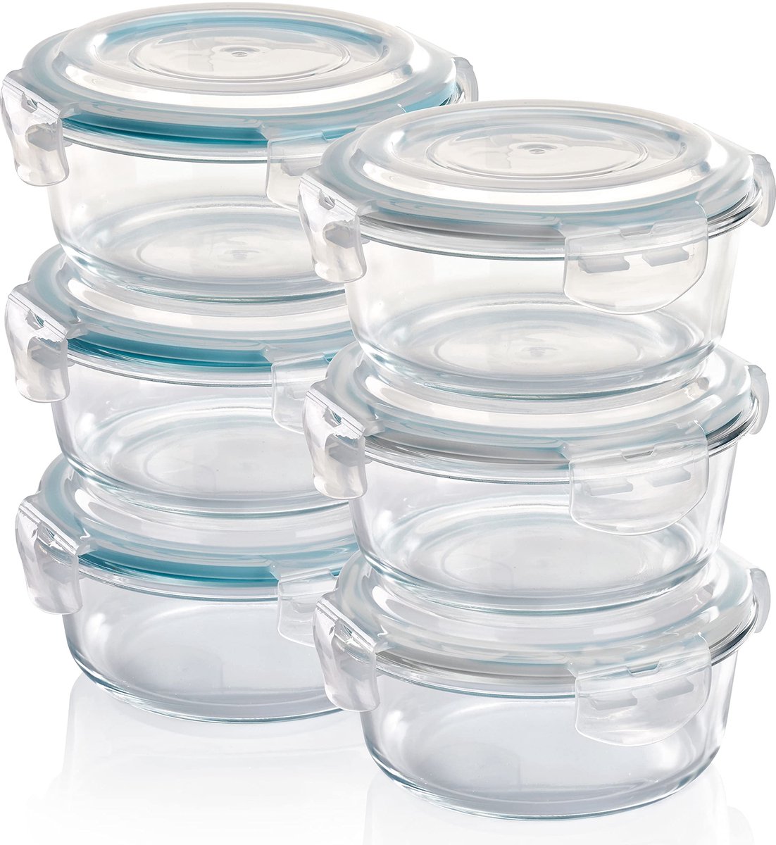 Grizzly Glazen voedselcontainers, set van 6 x 620 ml, luchtdicht, rond, kliksluiting, veelzijdige opslagcontainers voor oven, magnetron en vriezer