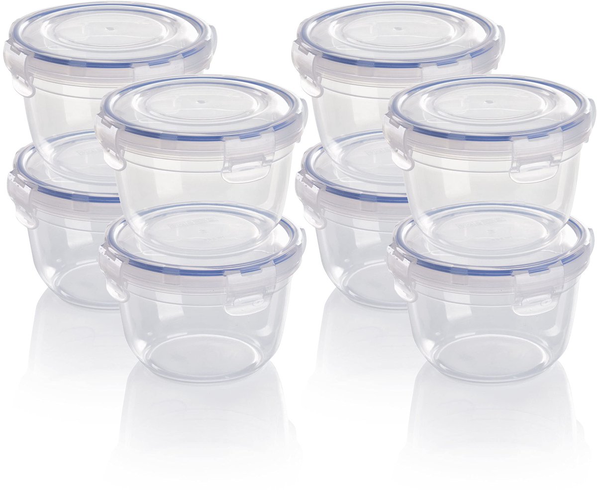 Grizzly kunststof voedselcontainers set, 8x opbergdozen met deksel, rond, stapelbaar, breukvast, magnetron- en vaatwasserbestendig