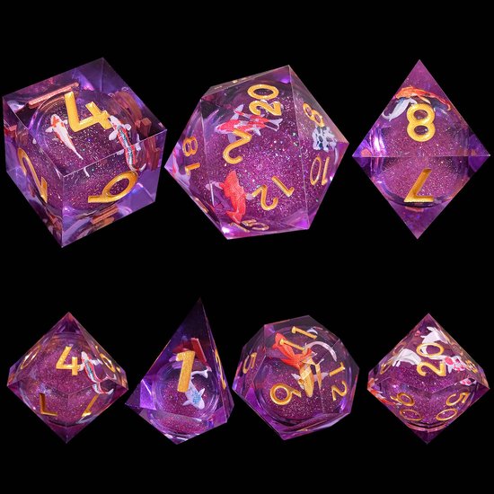 Ensemble de dés Joya Kids® Dungeons and Dragons | Set de Dés DnD Polydice avec Core liquide | Ensemble de dés D&D | Ensemble de 7 pièces en résine | Coffre de rangement de Luxe inclus | Liquid Core Pink avec carpe koï