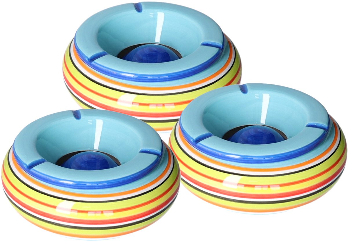 Goedkoopste 3x stuks asbak in mooie blauwe kleuren combinatie van 19 cm