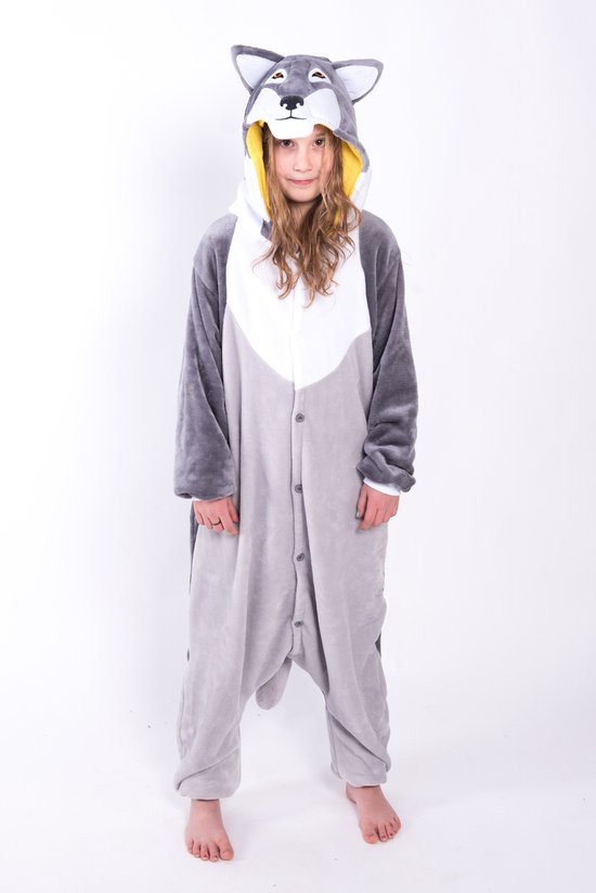 KIMU® Onesie Grijze Wolf Pak - Maat 140-146 - Wolvenpak Kostuum Grijs Husky Pak - Kinder Jumpsuit Huispak Pyjama Jongen Meisje Overall Fleece Festival