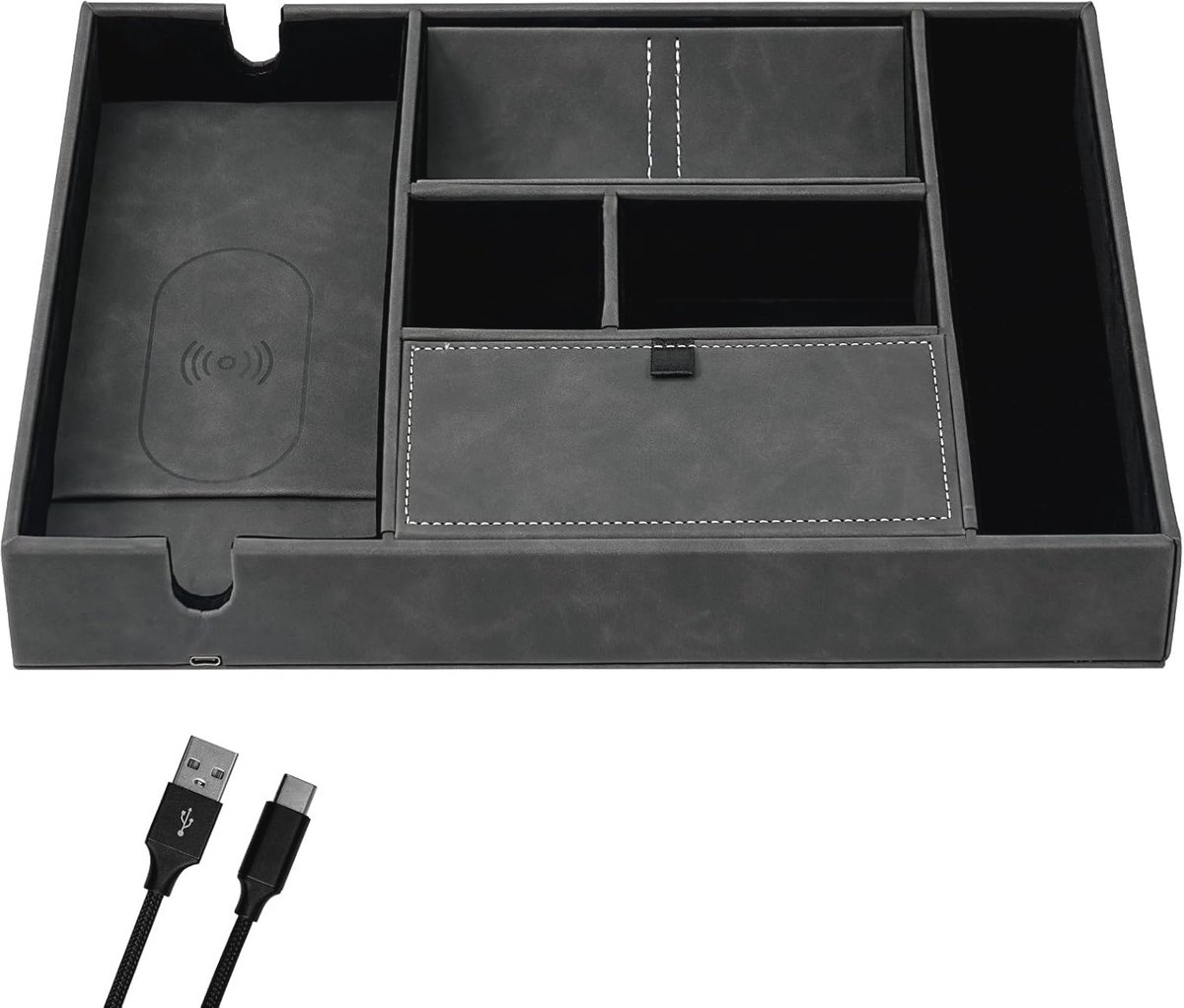 Draadloze Oplaadlade met Meerdere Compartimenten - Organizer voor Telefoon, Sleutels, Bril & Meer - Grijs