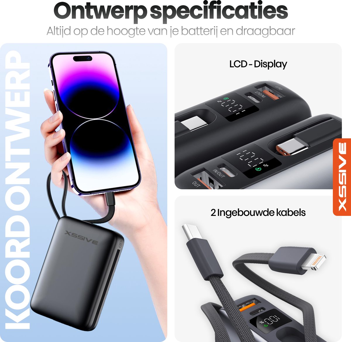 Xssive PB46 Powerbank 20000 mAh met Ingebouwde Kabels - afbeelding 2