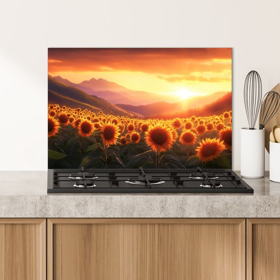 Crédence de Cuisinière en Aluminium 70x50 cm - Tournesols - Coucher de soleil - Paysage - Écran Pare-éclaboussures pour Plaque de Cuisson - Protection Murale