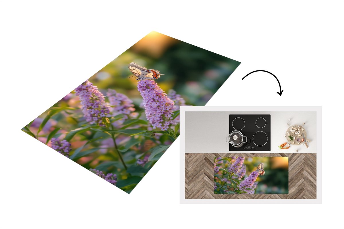 KitchenYeah Keukenloper 120x60 cm - Keukenmat vinyl Sierlijke - Vlinder - Paarse - Bloemen - Keukenmatten loper - Keuken vloerkleed tapijt Vlinder - Bloemen