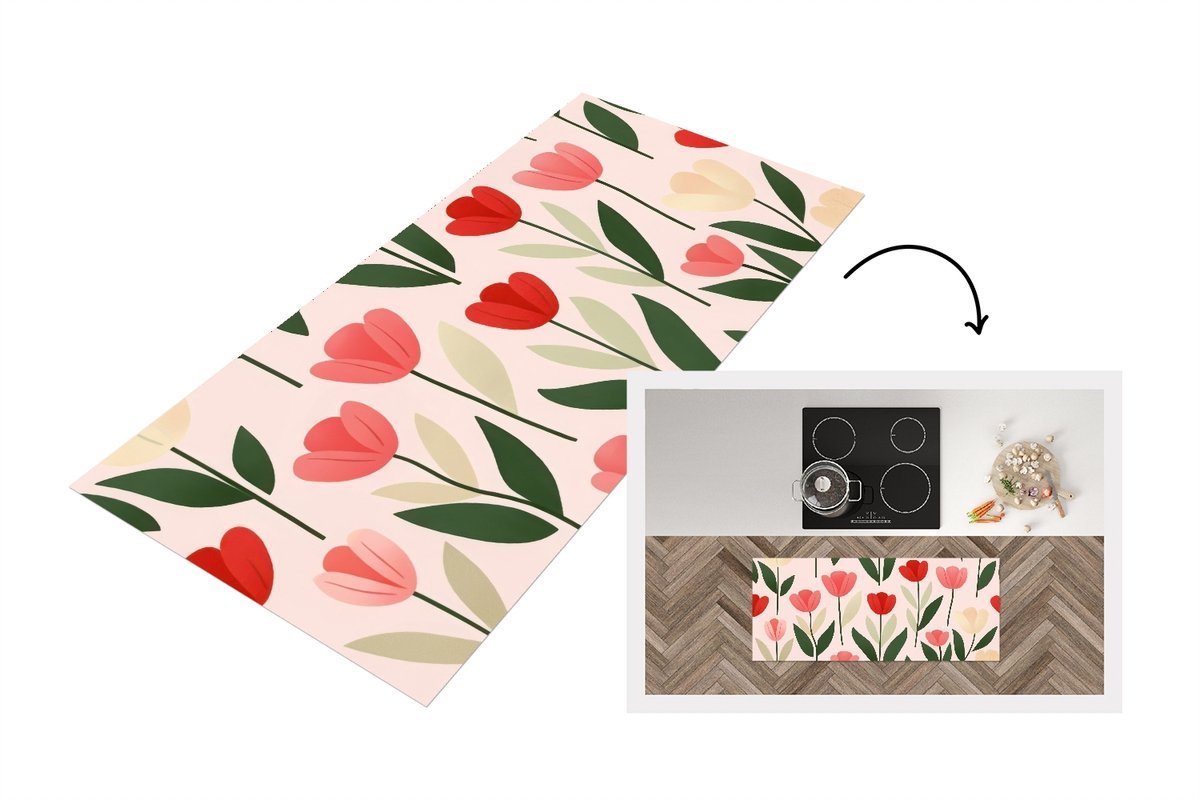 KitchenYeah Keukenloper 120x50 cm - Keukenmat vinyl Tulpen - Modern - Roze - Keukenmatten loper - Keuken vloerkleed tapijt Bloemen