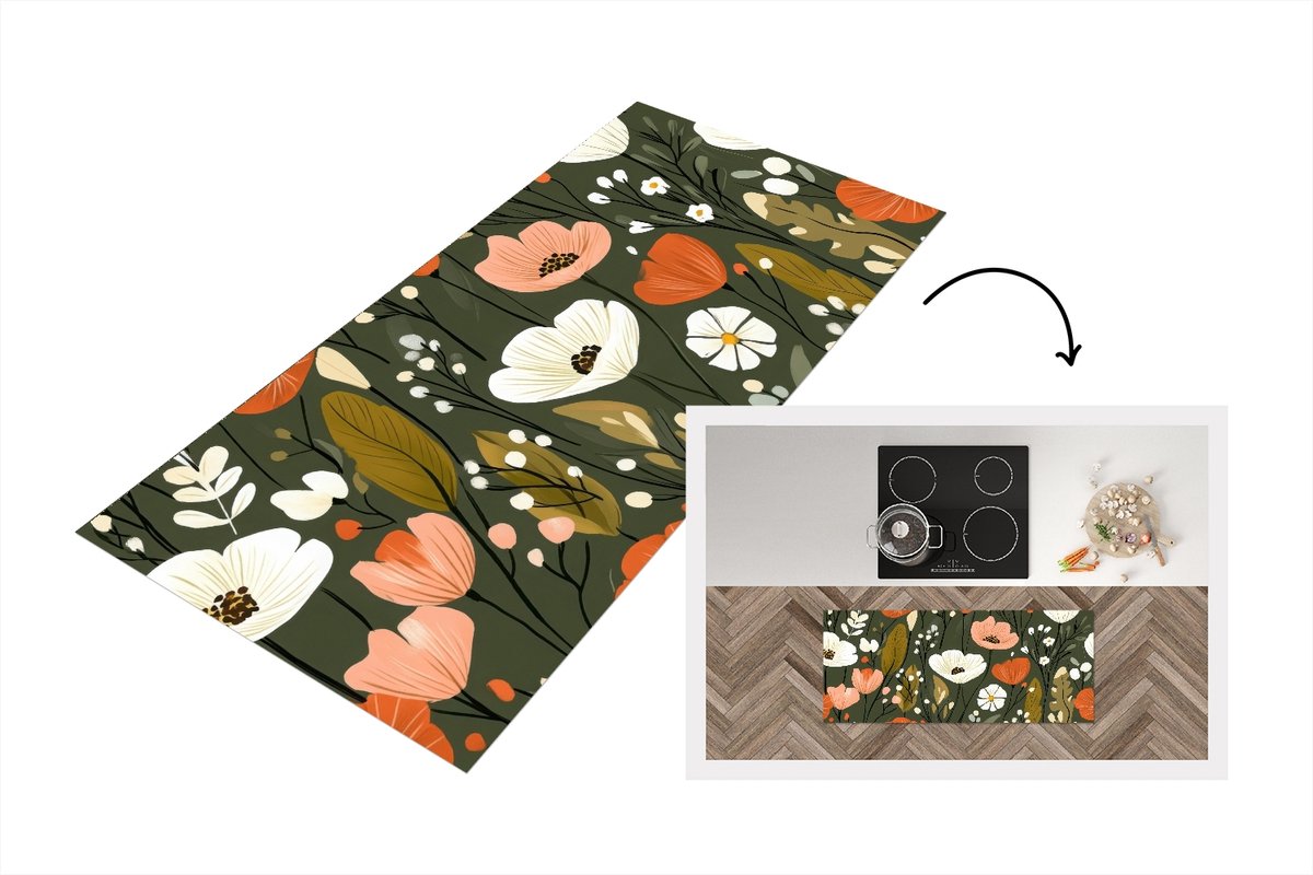 KitchenYeah Keukenloper 120x50 cm - Keukenmat vinyl Bloemen - Illustratie - Groen - Keukenmatten loper - Keuken vloerkleed tapijt