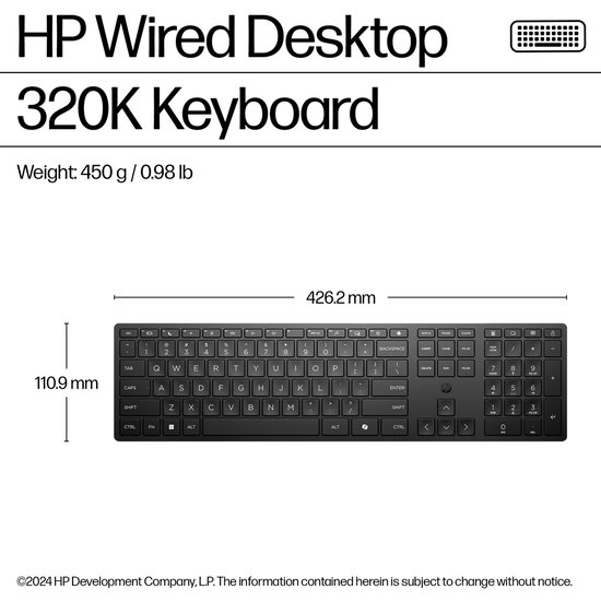 Afmetingen en overzicht van het zwarte HP Desktop 320K bedrade toetsenbord.