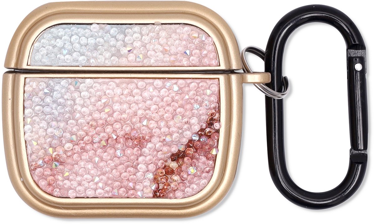 Casemania Hoesje Geschikt voor Apple AirPods 4 - Goud - Diamant Marmer Glitter Cover met Ring en Sleutelhanger