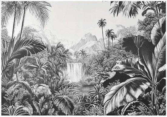 Papier peint noir et blanc avec une jungle luxuriante, palmiers, grandes feuilles et cascade.