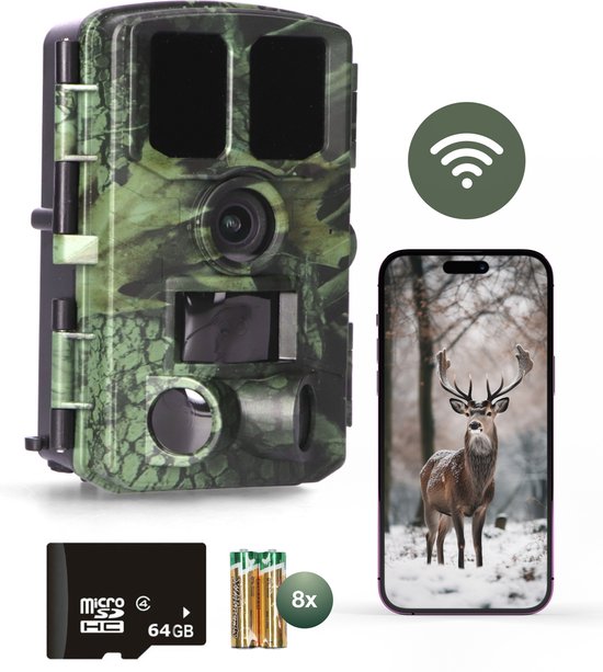 MasonPro WildCamera - Wildcamera met Nachtzicht - Wildcamera voor Buiten – Wildcamera met Nachtzicht en Wifi - Wildlife camera's - Buiten Camera met Nachtzicht - Waterdicht - Wifi APP - 4K Ultra HD & 48MP – Incl. 8 batterijen, 64GB SD & Tripod