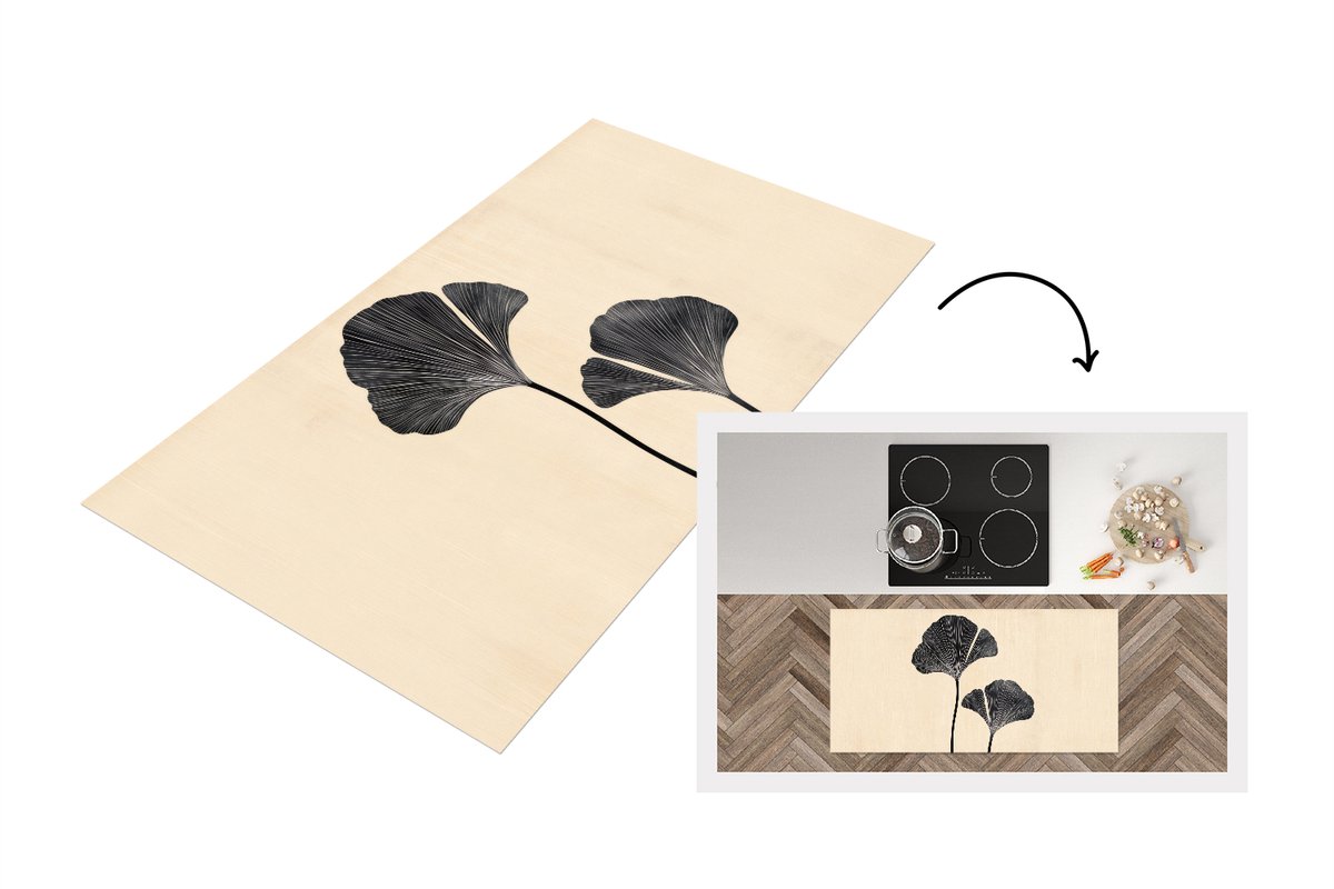 KitchenYeah Keukenloper 120x60 cm - Keukenmat vinyl Bladeren - Minimalistisch - Zwart - Keukenmatten loper - Keuken vloerkleed tapijt