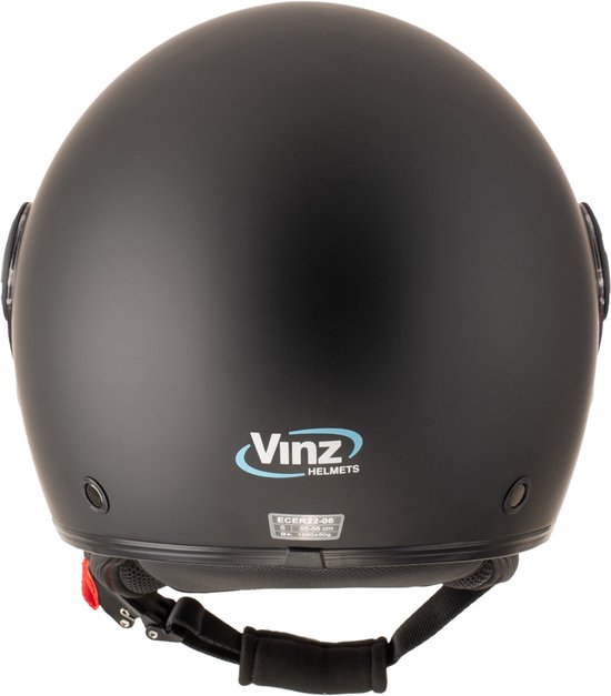 Achterkant van matzwarte jethelm met 'Vinz Helmets' logo en ECE 22.06 label.