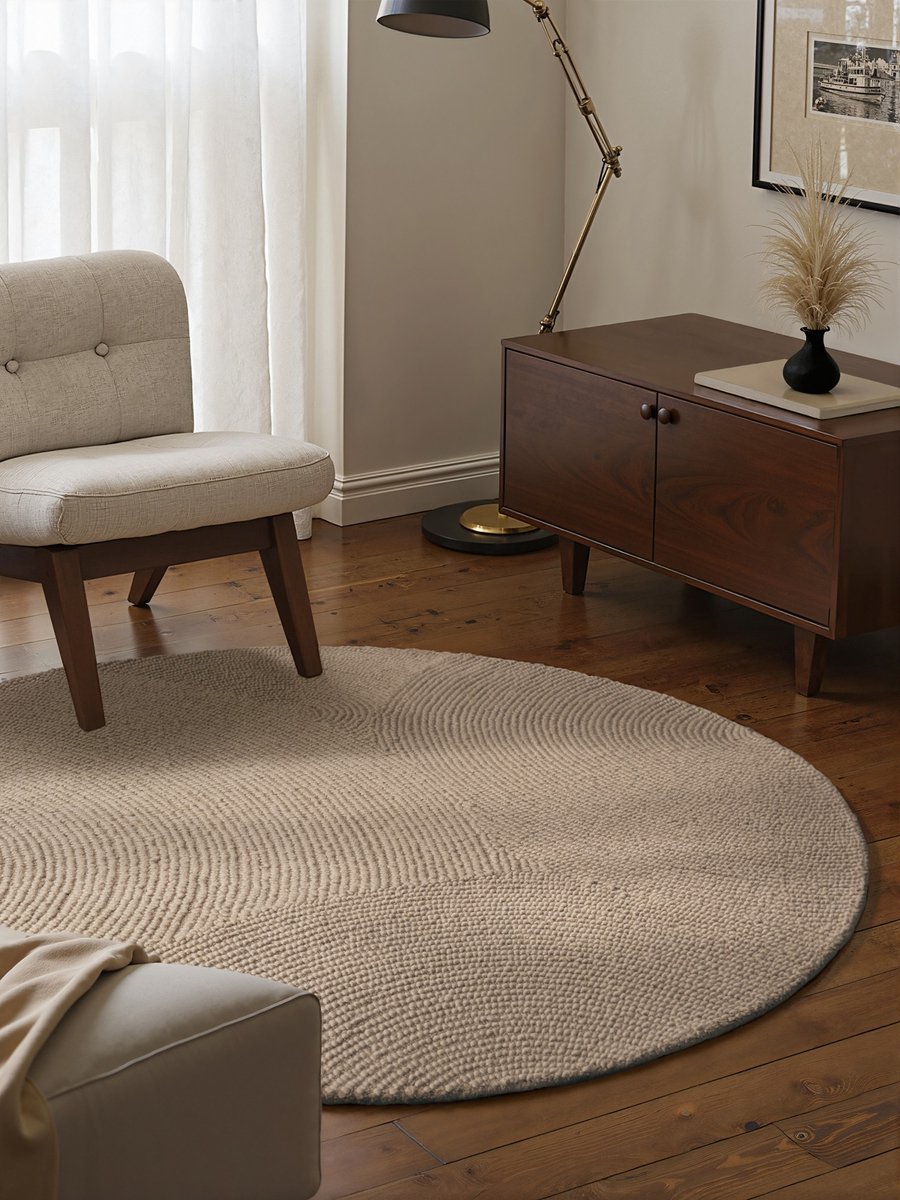 flycarpets Calmio Rond Wollen Vloerkleed Beige - Laagpolig - Japandi / Scandinavisch - Ø 200 cm rond