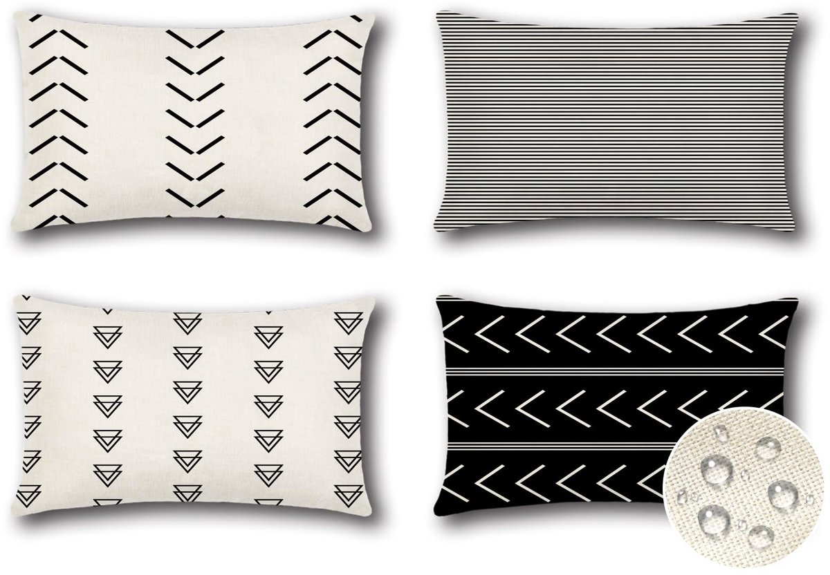 Ibenzoa Set van 4 waterdichte sierkussenhoezen voor binnen en buiten met geometrisch design, 40x60cm, zwart