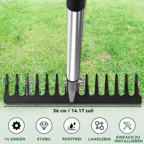 Metal Garden Rake with 14 Teeth and Leaf Crushers - Stainless Steel Handle - for Loosening Ground and Leveling Lawn - Robust Construction — afbeelding 3