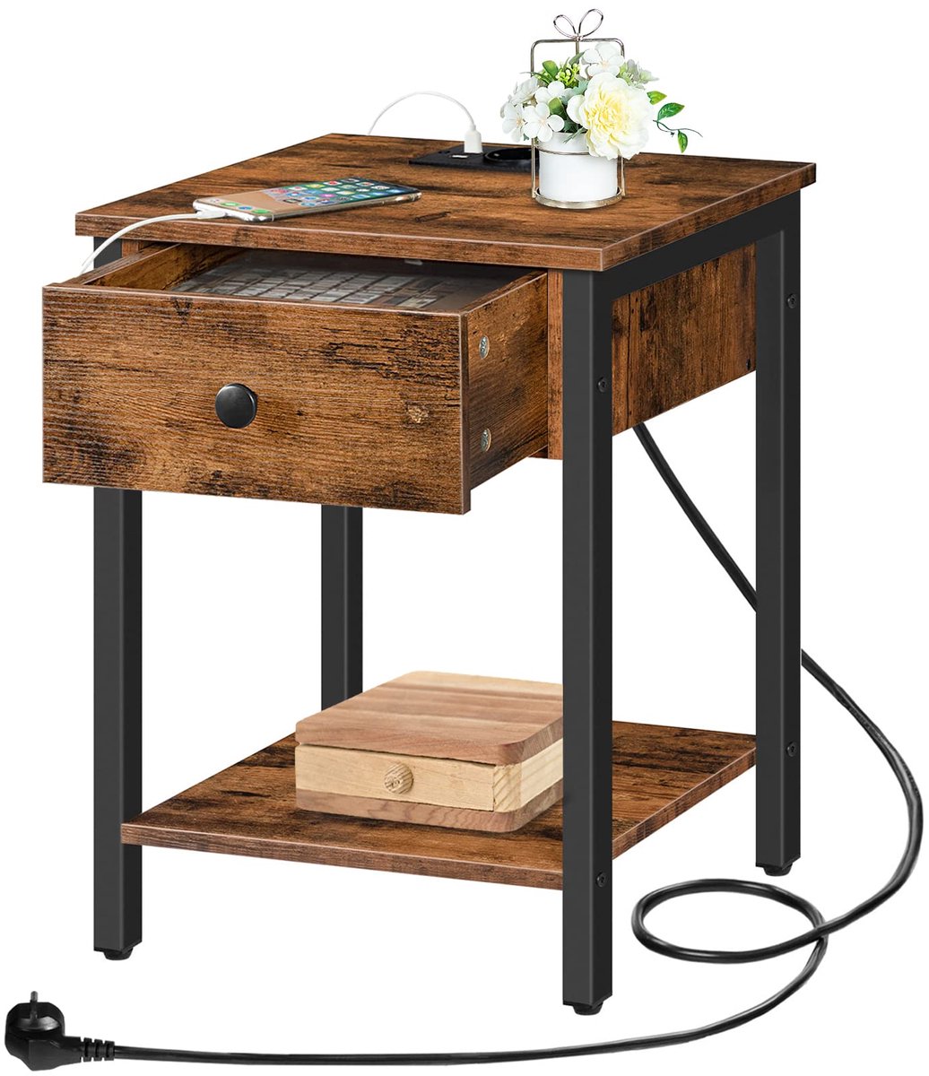 Unyqoos Nachtkastje met ingebouwd oplaadstation en USB-poorten, compacte bijzettafel met lade en plank voor slaapkamers Vintagebruin zwart