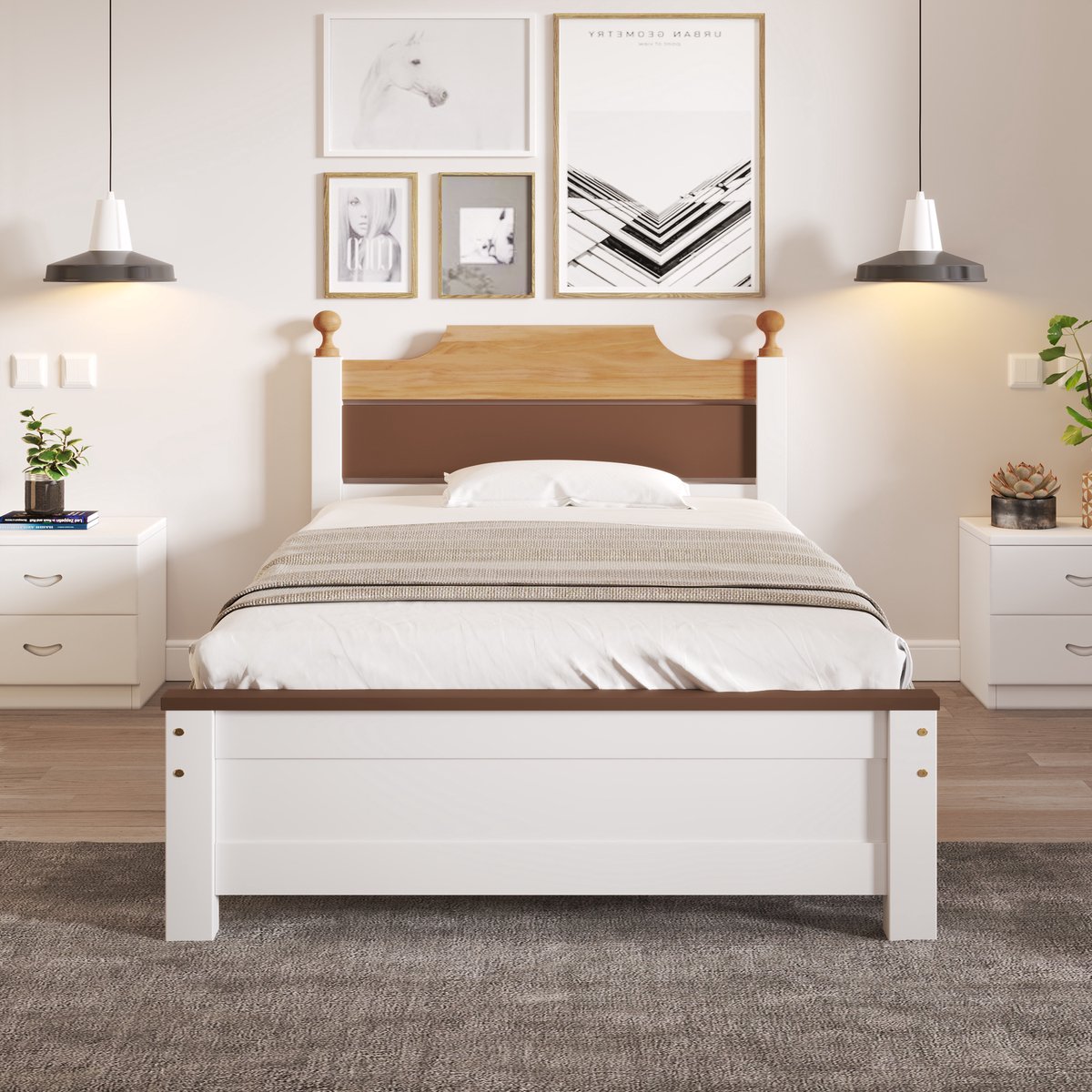 SINGULARITY Eenpersoonsbed - met middenvoet - Dennenhouten bedframe - Kleurenblokdesign - Wit - 90x200 cm - Zonder matras