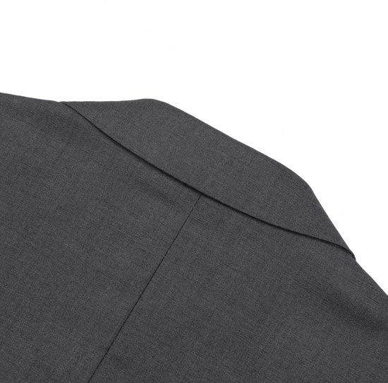 Close-up van de schouder en revers van een donkergrijs colbert.