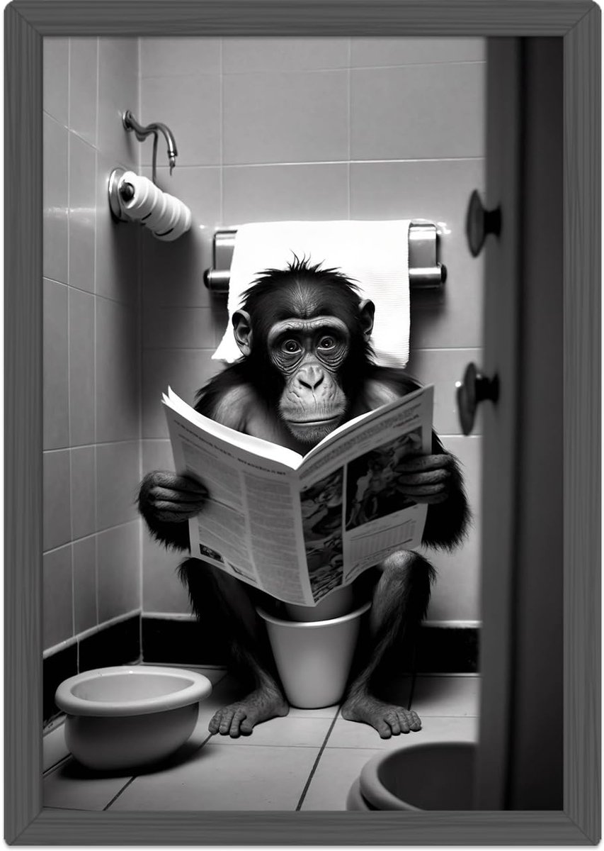 Ibenzoa Grappige Chimpansee Poster voor Badkamerdecoratie, Humoristische Wandkunst, A4 Formaat, Zwart-Wit Ontwerp, Zonder Lijst