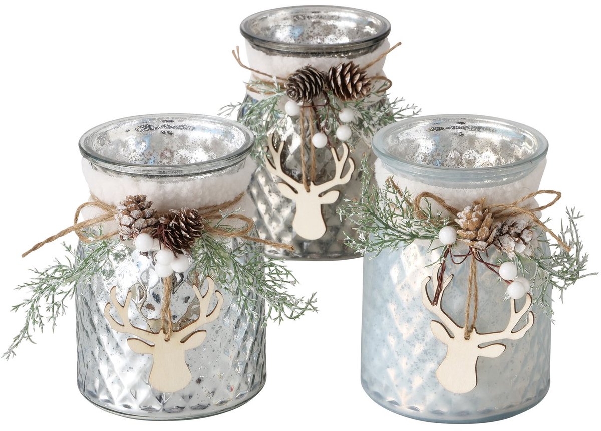 Theelichthouder glas met kerstdeco H16cm