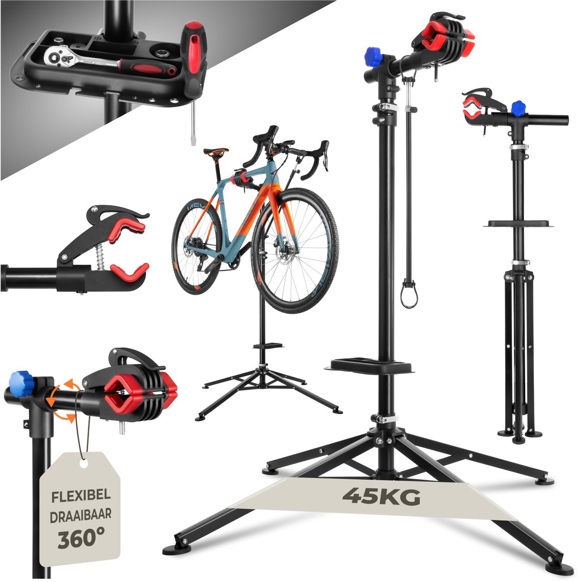 tectake® Fietsreparatiestandaard - Montagestandaard - Fietsenstandaard voor Fietsen - Racefietsen - Snelwisselsysteem - 4-Punts Standaardbasis - Accessoires Gereedschapsbak - In Hoogte Verstelbaar - Opvouwbaar