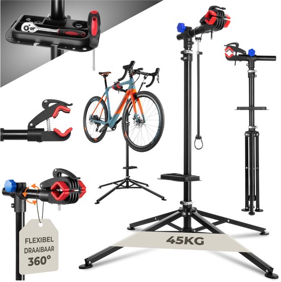 tectake® Fiets Montagestandaard - Fietsenstandaard - Fietslift - E-Bike & Fiets Reparatiestandaard - Geschikt voor alle soorten Fietsframes - Traploos Verstelbaar (117 - 200 cm) en 360° draaibaar - met Magnetische Gereedschapsbak