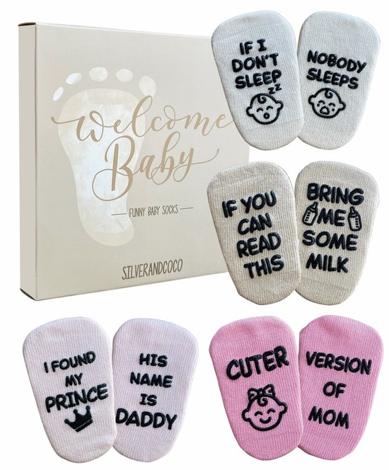 SilverandCoco® Baby Sokjes met Grappige Tekst | Geboorte Geschenkset Sokken Antislip Katoen | Kraamcadeaus pakket Cadeau Gift Set | Shower Cadeautje Geschenk Versiering | Zwangerschap Katoenen Kleding | Gender Reveal Zwanger - Meisje Girl Roze