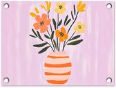 Tuinposter 40x30 cm - Tuindecoratie Vaas - Gestreept - Bloemen - Oranje - Poster voor in de tuin - Buiten decoratie - Schutting tuinschilderij - Tuindoek muurdecoratie - Wanddecoratie balkondoek