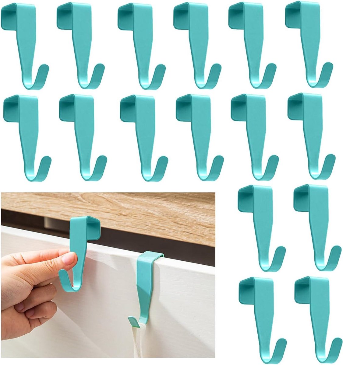 Allecto Plus - Set van 16 blauwe deurhaken van roestvrij staal voor kleding en opslag in badkamer, kastdeur en kamerdeur