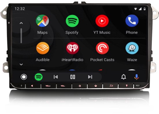 Touchscreen autoradio met apps zoals Google Maps, Spotify, YT Music, Audible, Waze.