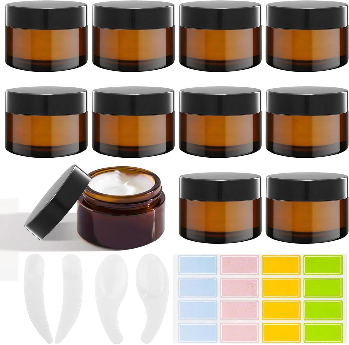 Image of 10-delige set lege bruine glazen crèmeblikken - navulbare zalf - 20ml容 - cosmetische lotion & crèmes - amber glas
