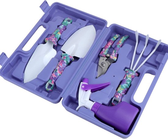 Tuingereedschapsset 5-delig met ergonomische handgreep en paarse bloemenprint - ideaal voor tuinieren — afbeelding 2