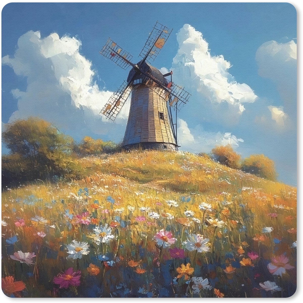 Muismat 20x20 cm - Mousepad Windmolen - Heuvel - Bloemen - Kleurrijk - Muismatten
