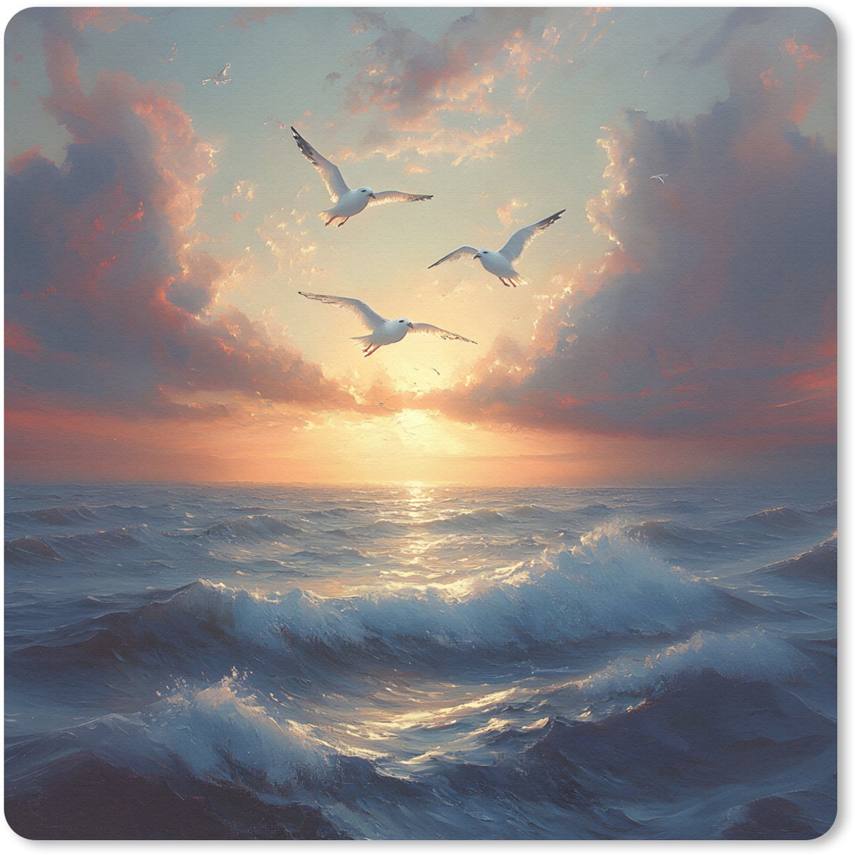 Muismat 30x30 cm - Mousepad Meeuwen - Zonsondergang - Zee - Wolken - Muismatten