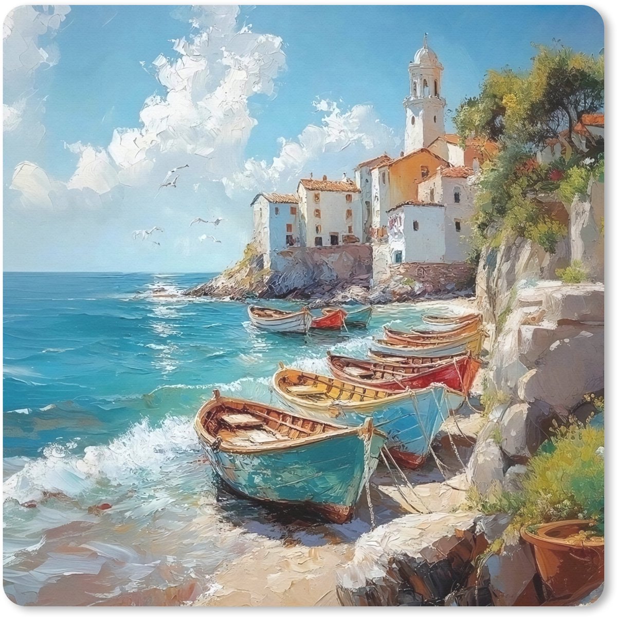 Muismat 30x30 cm - Mousepad Boten - Rotsen - Zee - Zon - Muismatten