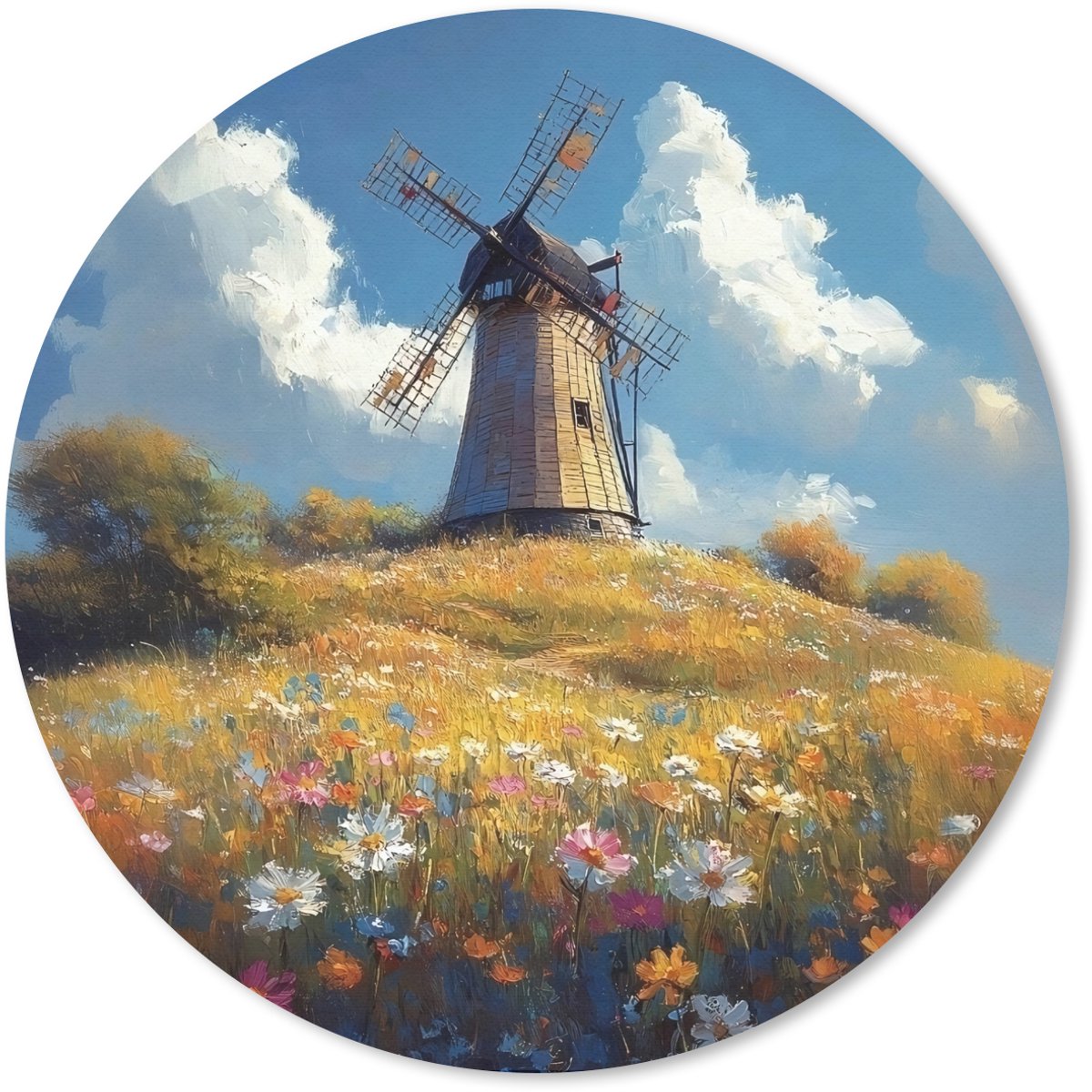 Muismat rond 20x20 cm - Mousepad Windmolen - Heuvel - Bloemen - Kleurrijk - Ronde muismatten
