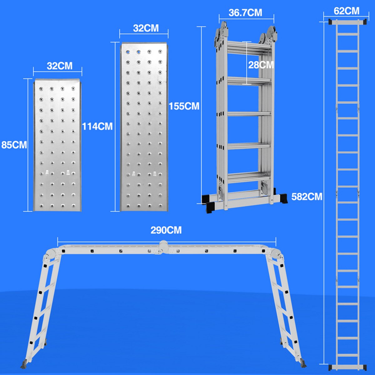 Multifunctionele vouwladder 6 in 1 - 5.82M Vouwladder 4 x 5 treden met platform - Draagvermogen tot 150 kg, Aluminium Ladder, Mobiele Multifunctionele Ladder met Werkplatform, Stelling, Aluminium Rolsteiger, Huishoudladder - Zilver – foto 2