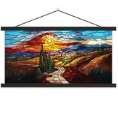 Posterhanger incl. Poster 60x30 cm - Schoolplaat - Mozaïek - Zon - Landschap - Dorp - Textielposter - Zwarte latten